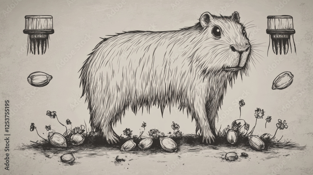 Brutal capybara, line drawing, A capybara standing on a battlefield ...