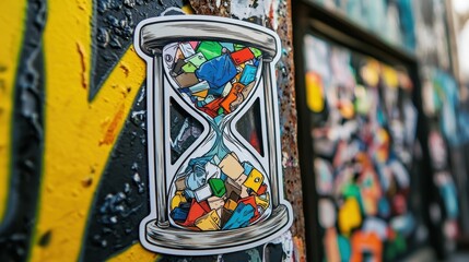 Poster - Creative Hourglass Sticker Filled with Colorful Objects Against Urban Street Art Background