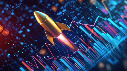 Poster - Digital Animation of Rocket Launching with Skyrocketing Profits Displayed on Colorful Financial Graphs