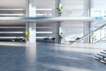 Aufkleber - Modern and spacious business lobby with sleek design and sunlight streaming through large windows. 3D Rendering
