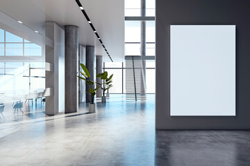 Poster - Modern lobby interior with blank vertical display board and natural light. 3D Rendering