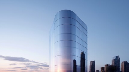 Poster - Modern Skyscraper with Glass Facade Reflecting City Skyline at Sunset in Urban Environment