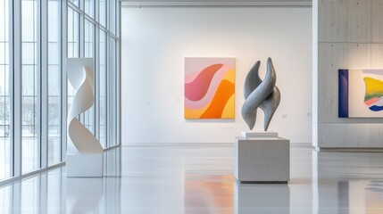 Poster - Modern Art Museum Interior Featuring Abstract Sculptures and Colorful Paintings in a Spacious Gallery Setting