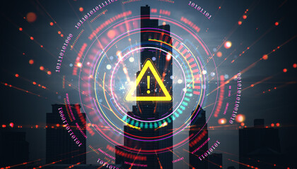 Sticker - Cybersecurity warning symbol with digital elements on cityscape background.