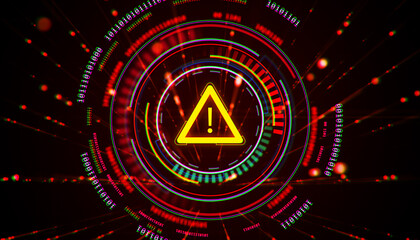 Wall Mural - Digital warning symbol with futuristic interface and neon elements. 3D Rendering