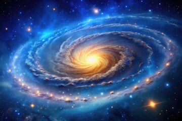 a cosmic landscape featuring a stunning spiral galaxy with billions of twinkling stars and glowing g