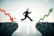 © Who is Danny - Businessman jumping from financial crisis to success with red downward and green upward arrows.