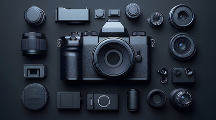 Poster - An array of professional photography equipment and accessories including other tools of the trade arranged artfully on a dark minimalist backdrop  The image conveys the passion skill