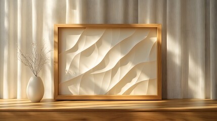 Poster - An elegant and minimalist framed art piece is displayed on a wooden shelf creating a serene and calming ambiance in this cozy living room interior  The simple yet sophisticated design