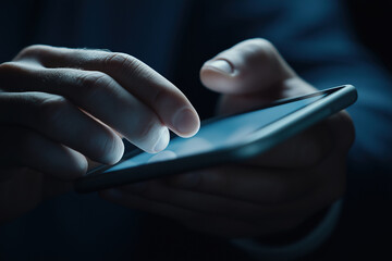 Poster - Fingers interact with smartphone screen in low light during evening hours