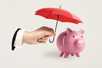 Poster - Piggy bank with red umbrella held by a hand on light background, symbolizing financial protection and savings.