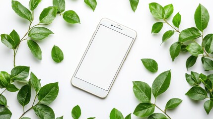 Aufkleber - Latest Smartphone Mockup Isolated on White Background Surrounded by Green Leaves for Creative Presentation