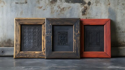 Poster - arrangement of three wooden frames in rustic vintage style hanging on a concrete wall background  The frames are in red black and brown colors adding a modern minimalist touch to the display