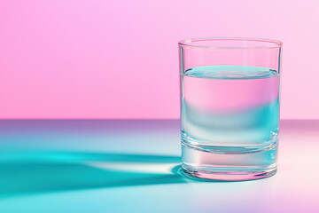 Poster - Clear glass of water on a colorful background with soft lighting and shadow effects