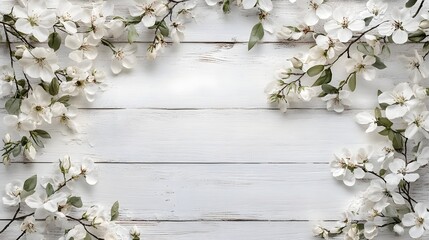 Aufkleber - Beautiful white blossoms on branches against a rustic wooden background creating a serene and natural springtime floral display  The delicate petals and lush foliage evoke a sense of purity