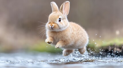 Wall Mural - Bunny leaping over stream, forest background, nature wildlife, pet photo