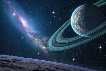 Wall Mural - a celestial body with iridescent rings suspended in a starry night sky, space, celestial, iridescent
