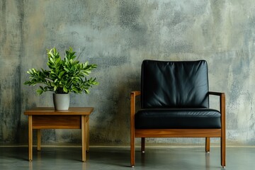 A minimalist living room featuring a black leather armchair, a small wooden coffee table, and a concrete floor