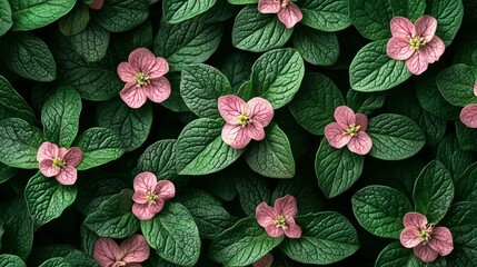 Wall Mural - Pink flowers and green leaves background, nature texture