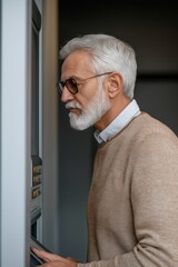 Poster - A man in a brown sweater is standing in front of a machine, possibly a vending machine or a pay machine. He is wearing glasses and he is focused on the machine