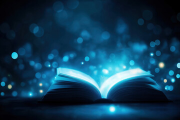 Poster - Open book emitting blue light against a dark background with sparkling effects