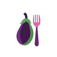 Wall Mural - Eggplant and Fork, Ready to Eat, Culinary Icon, Isolated Vector