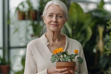 Sticker - A woman is holding a potted plant in her hands. She is smiling and she is happy