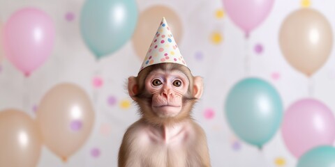 Wall Mural - A baby monkey wearing a party hat is standing in front of a bunch of balloons. The balloons are in various colors and sizes, and they are scattered around the monkey. The scene conveys a festive