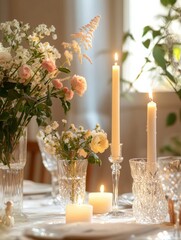 Poster - Elegant festive dining table adorned with fresh flowers and glowing candles for a memorable celebration. Generative AI