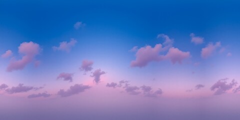 Poster - Dark blue sunset sky panorama with pink cumulus clouds, without ground - Equirectangular 360 degree landscape