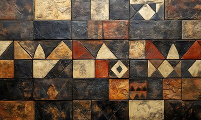 Poster - Abstract Patterned Wall Tiles with Geometric Shapes and Earthy Tones creating an intricate mosaic design