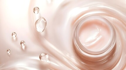Poster - Soft and serene skincare cosmetic cream product in pastel tones with elegant liquid droplets reflecting a luxurious natural and calming spa like ambiance  The tranquil