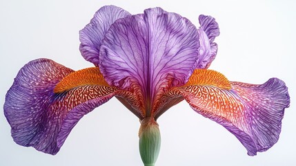 Wall Mural - Purple and orange iris bloom, close-up, white background, botanical illustration