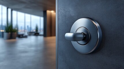 Aufkleber - Sleek Metallic Door Handle Leading to Modern Office Space with City View, Illuminating the Promise of New Opportunities and Business Ventures