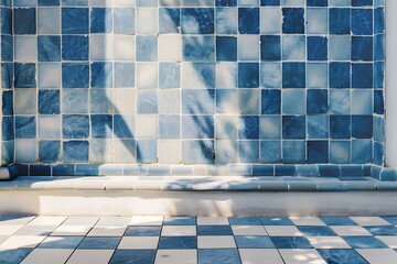 Poster - a clean mosaic podium featuring a minimalistic checkerboard pattern in shades of blue and white, hig