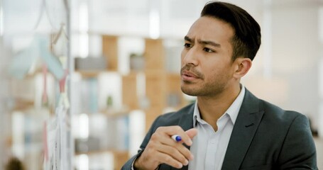 Poster - Idea, planning and glass with a business man in his office for problem solving or brainstorming. Strategy, thinking and vision with a young corporate employee reading information in the workplace