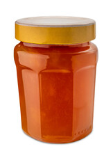 Wall Mural - Apricot jam in glass jar with yellow cap isolated