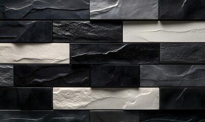 Poster - Close up of a textured wall with black and white rectangular stones in a mosaic pattern