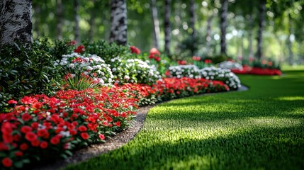 Wall Mural - Red & white flowers garden path, birch trees background. Landscaping design