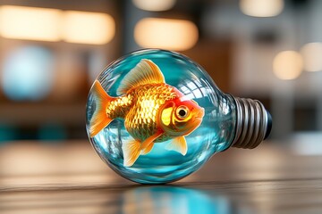 Canvas Print - A whimsical goldfish inside a light bulb, showcasing vibrant colors and creative design. The setting has a modern, bright ambiance with soft lighting. Boundless Ideas, Glowing Enigma