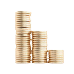 Poster - Stacks of Golden Coins Arranged in a Neat Tower on a White Background