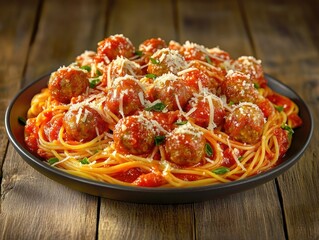 Wall Mural - A delightful and hearty dish of meatballs swimming in a rich tomato sauce, served on a platter atop a wooden table. The golden-brown meatballs are generously covered in melted cheese, creating a