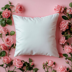 Wall Mural - soft white pillow surrounded by pink roses on pastel pink background, creating serene and romantic atmosphere. Perfect for home decor or floral arrangements