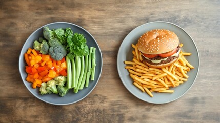 Wall Mural - A top view of two plates with different meal options—one with fresh vegetables, vegetarian option, the other with a burger, crispy fries. The contrast between healthy nutrition and fast food choices