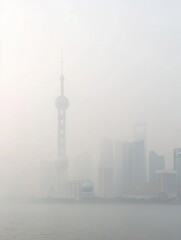 Poster - City skyline obscured by smog with industrial chimneys emitting thick smoke in urban landscape during hazy weather. Generative AI