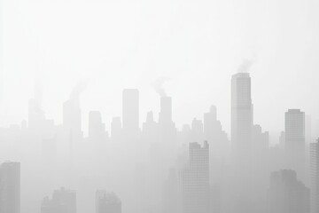 Poster - City skyline engulfed in dense smog with industrial chimneys releasing thick smoke in urban landscape. Generative AI
