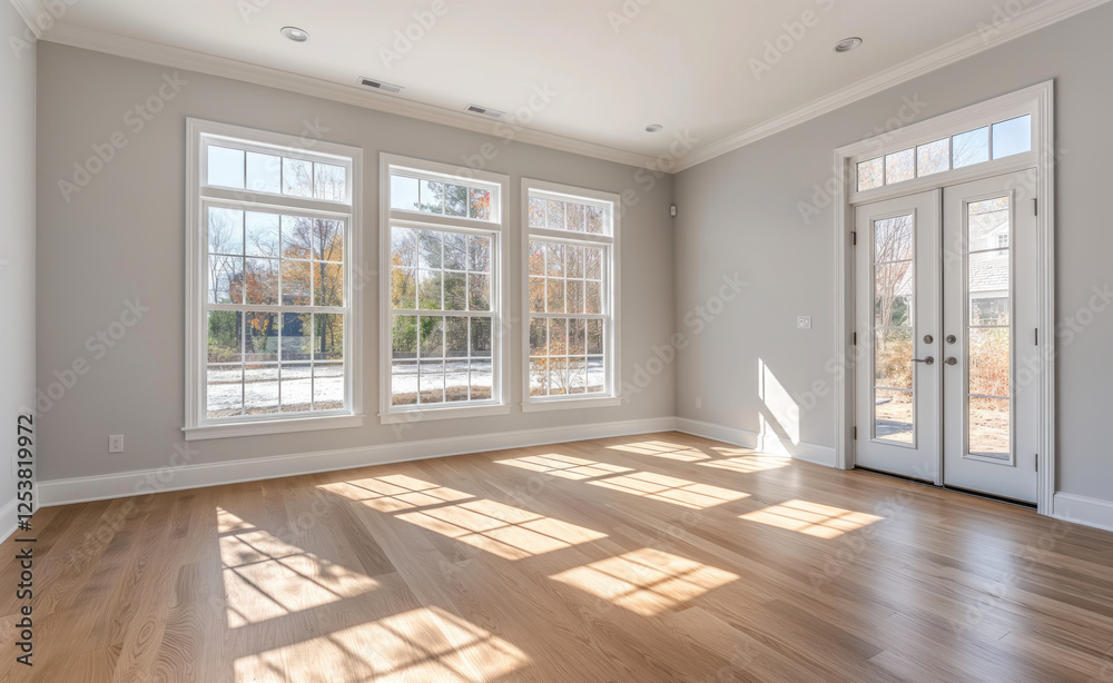 spacious empty room with three large windows and glass door, allowing ...