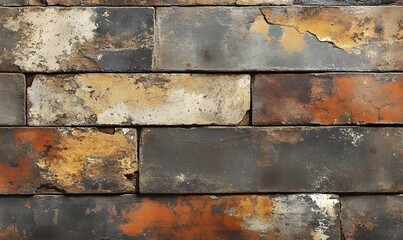 Poster - Textured brick wall with weathered surface in tones of brown, grey, black, beige