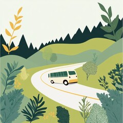 Leinwandbilder - Tour bus travels on a winding road through lush greenery in a tranquil countryside setting. Generative AI