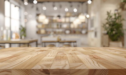 Poster - beautiful wooden tabletop in cozy interior setting with blurred background
